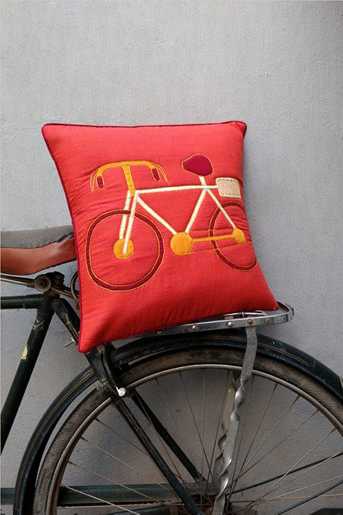 Bun.Kar Bihar 'Cycle' Sujini & Applique Embroidery Cotton Cushion Cover