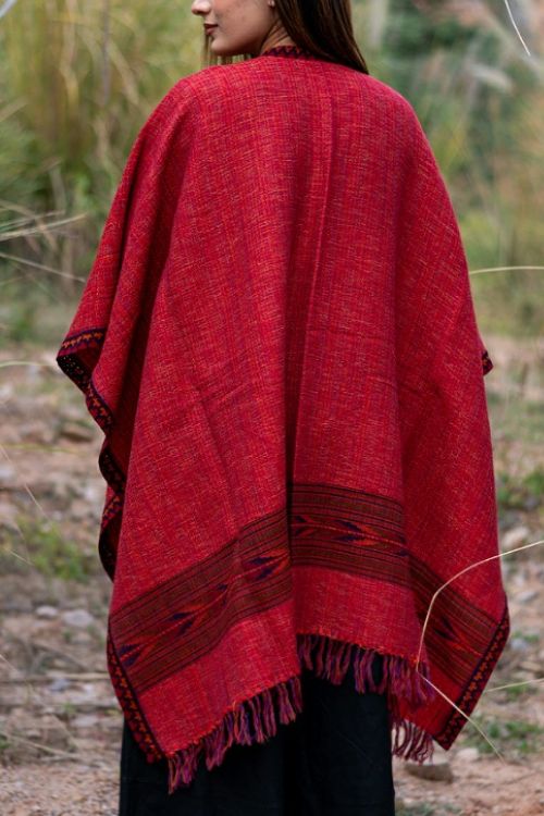 Fine, Soft Himachal Wool Poncho Wrap With Woven Border - Red – Okhaistore