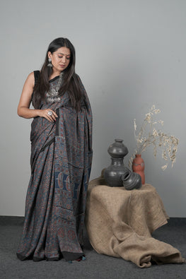 JK,Traditional Ajrakh Hand block Printed Modal-Silk Saree, Color Indigo Blue
