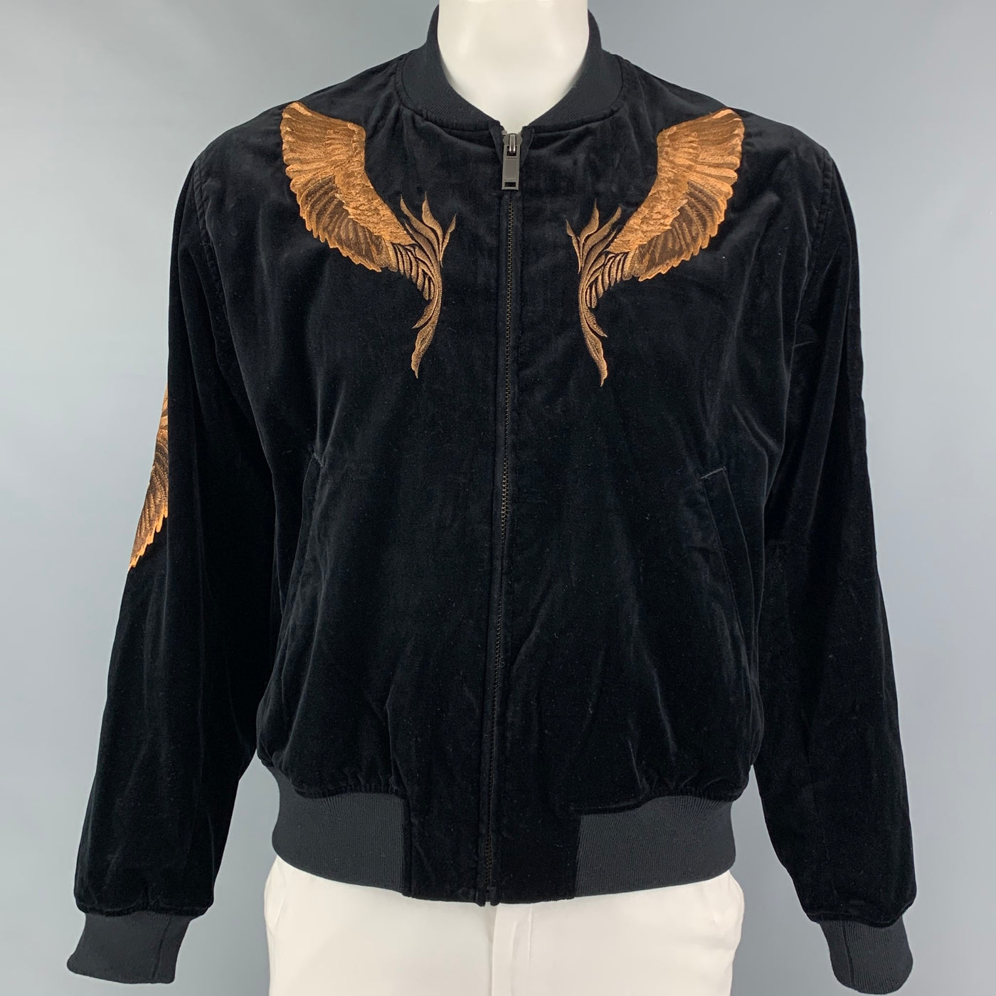 CHRISTIAN DADA FW 19 Size 42 Black Copper Cotton Velvet Feather Embroidery  Bomber Jacket