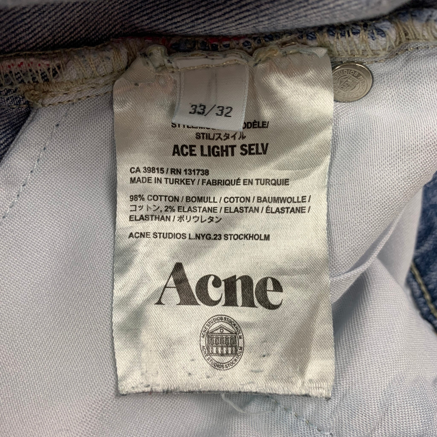 ACNE STUDIOS Size 33 Light Blue Contrast Stitch Cotton Jeans
