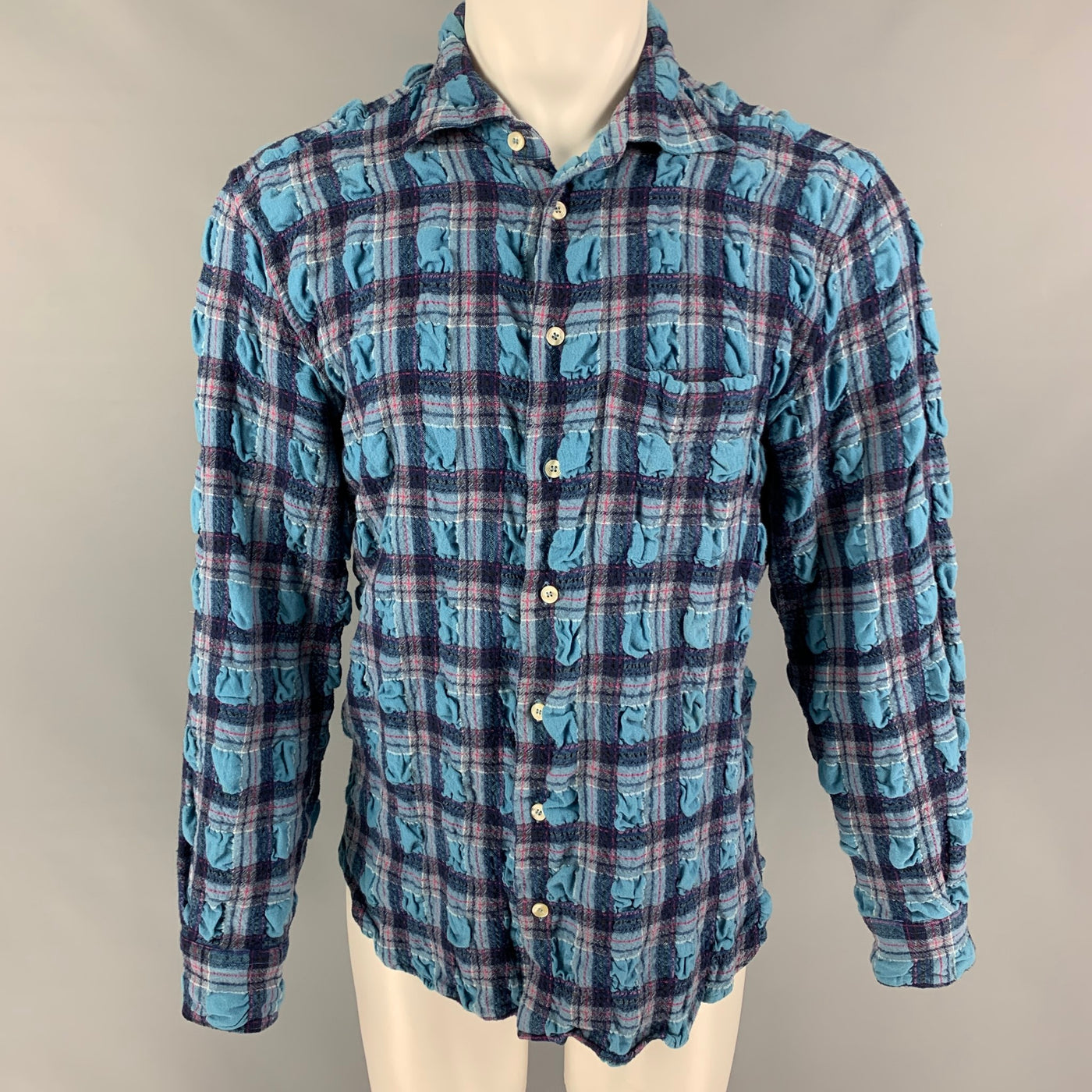 WILLY CHAVARRIA Size M Burgundy Navy Plaid Wrinkled Long Sleeve Shirt