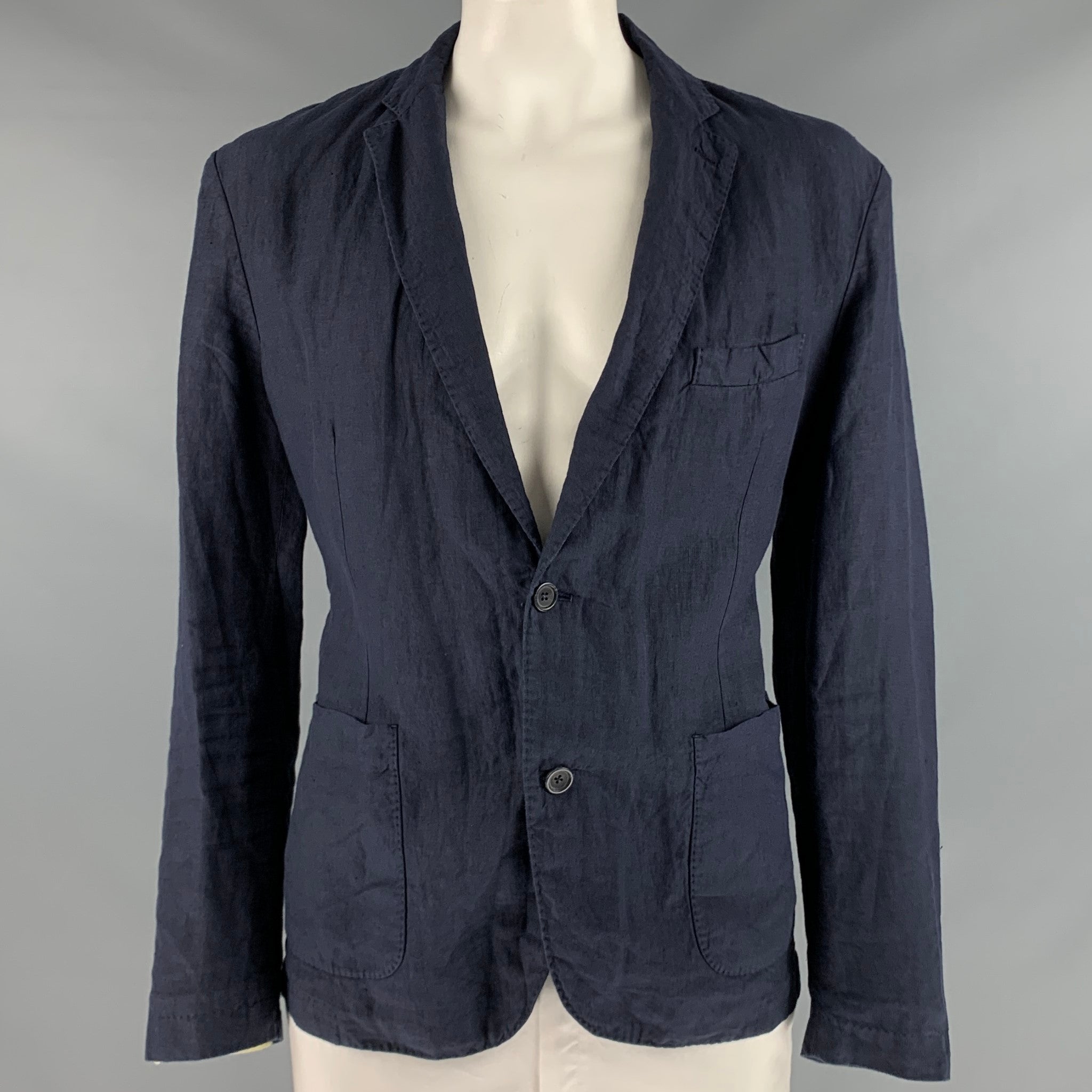 120% LINO Size 46 Navy Linen Notch Lapel Sport Coat