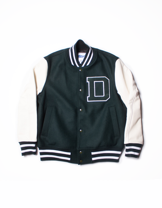 Varsity Jacket Baseball Letterman Bomber School Collage Maroon Wool and  Genuine Green Leather Sleeves at  Men’s Clothing store