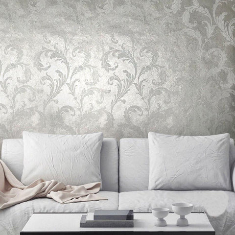 Silver metallic wallpaper barocco