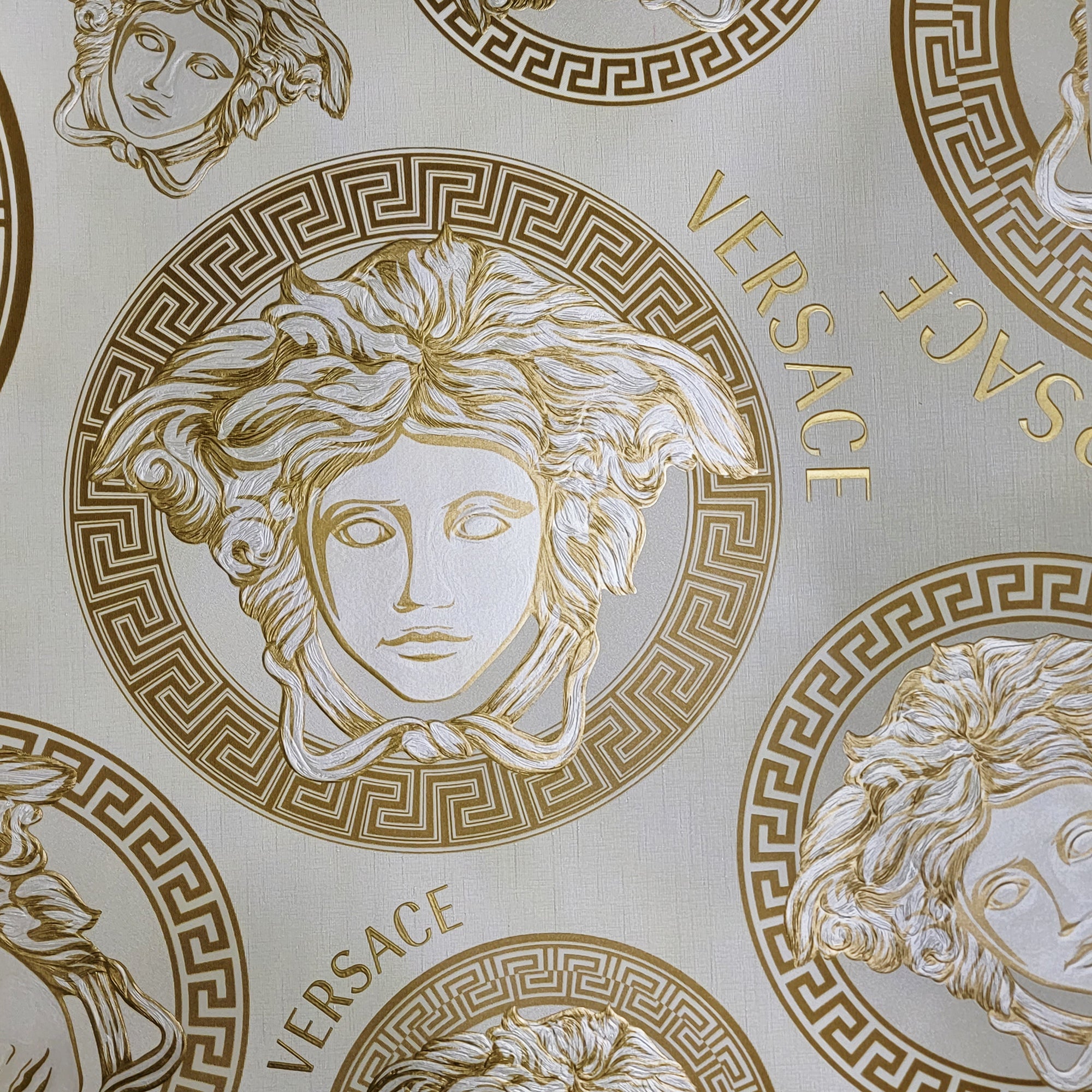 38611-5 Versace Off-White Gold Brass Medusa Wallpaper – wallcoveringsmart