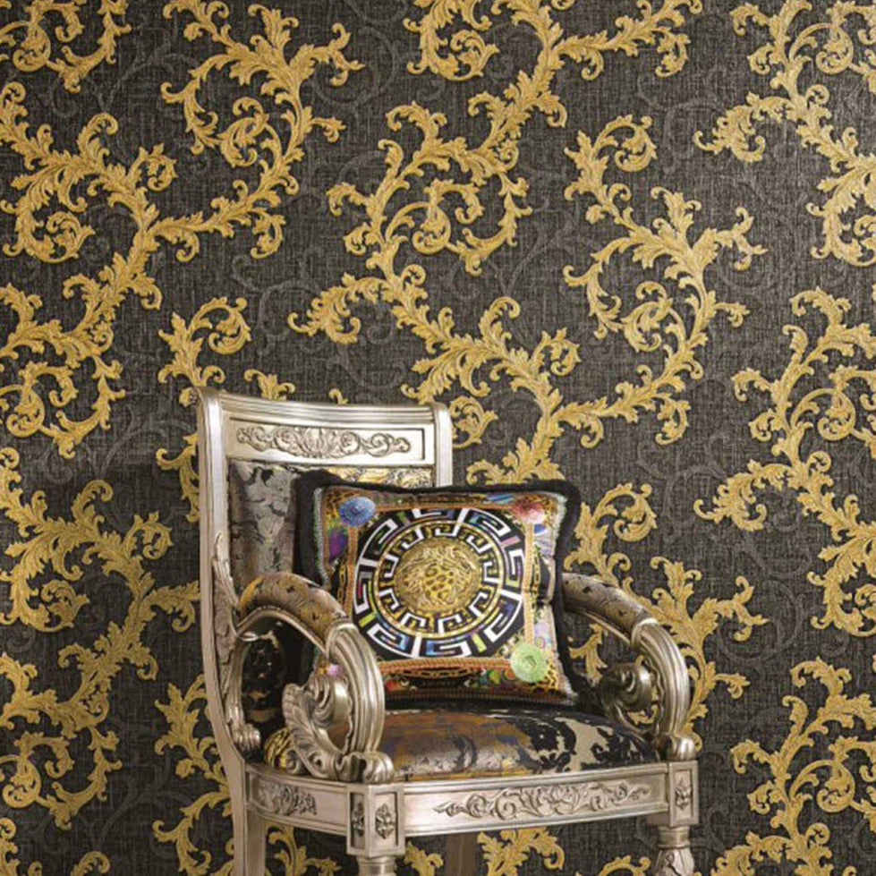 96231-6 Versace Calligraphy Black Gray Gold Barocco Designer Wallpaper ...