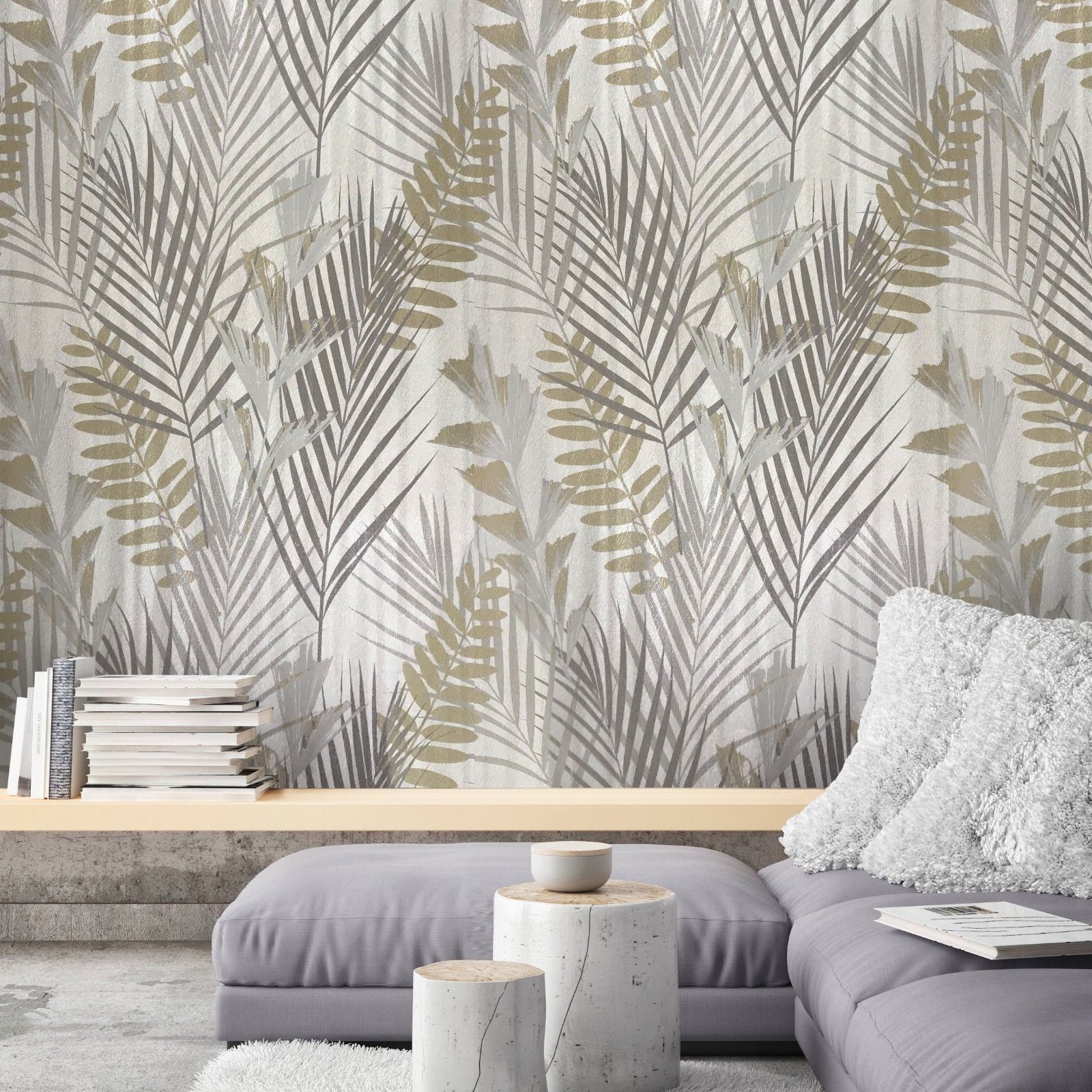 Silver Palm Leaf Wallpaper