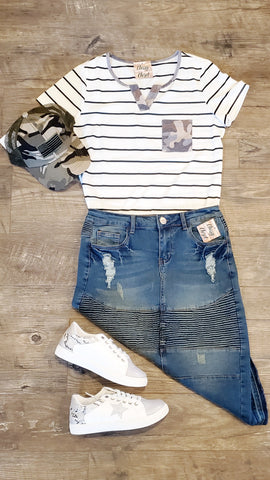 Striped Camo Top Denim Skirt 4th of July Outfit Inspo for Modest Women