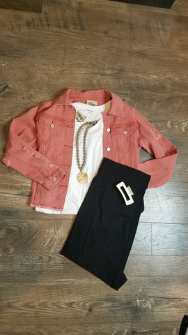 Red Distressed Denim Jacket for Casual Spring OUtfits at Classy Closet