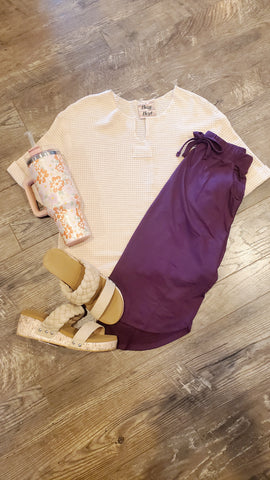 Beige waffle short sleeve top and plum drawstring midi skirt - perfect picnic outfit
