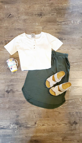 Olive Casual Midi Skirt with Ivory Henley Short Sleeve TOp for 4th Of July Outfit Ideas