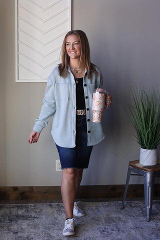 Solid Blue Spring Shacket for Casual Women's Outfits Spring 2024 at Classy Closet