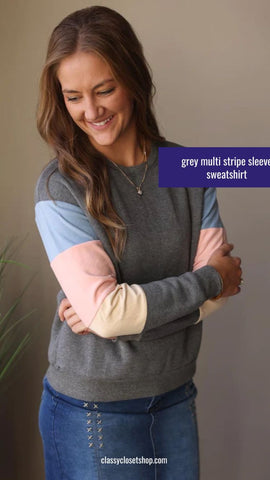 Charcoal Grey Multi Stripe Crew Sweatshirt for Women