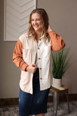 Ivory Peach Colorblock Shacket for Casual Day Outfits at work or teachers at Classy Closet Online Women's Boutique