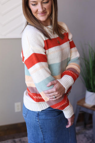 Ivory Blue Striped Winter Sweater for Casual Teacher Outfits Winter at Classy Closet Boutique