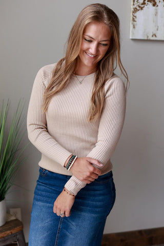 Tan Ribbed Sweater for Fall Winter Teacher Office Outfits