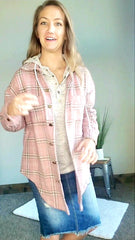Mauve Grey Button Plaid Shacket Grey Hoodie Layered Outfit for Spring Transition Classy Closet Boutique