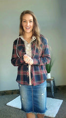 Navy Plaid Button Up Shirt Grey Pullover Hoodie Transition Layered Outfit Classy Closet Boutique