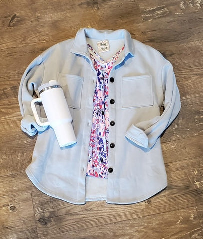 Blue Spring Shacket with Multi Pink Spring Top Outfit Inspo