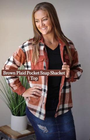 Brown Plaid Snap Shacket with Corduroy Details for Fall Fashion 2022 at Classy Closet Boutique for Women's Modest Clothing