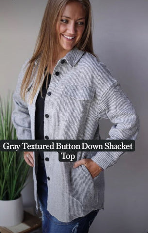 Grey Herringbone Button Shacket with Pockets for Fall Fashion 2022 at Classy Closet Boutique for Women's Modest Clothing