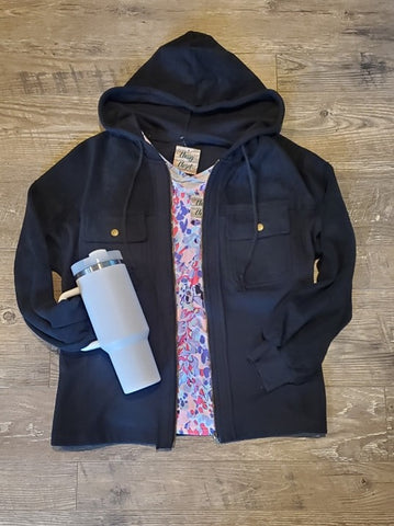 Black Hooded Spring Jacket with Multi Pink V-Neck Summer Top Outfit Inspo for Modest Fashion