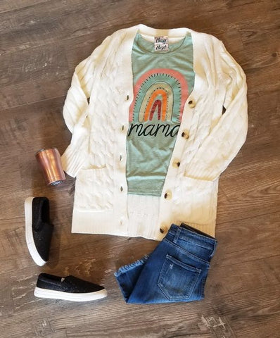 Textured White Cardigan Sweater Mama Graphic Tee Outfit