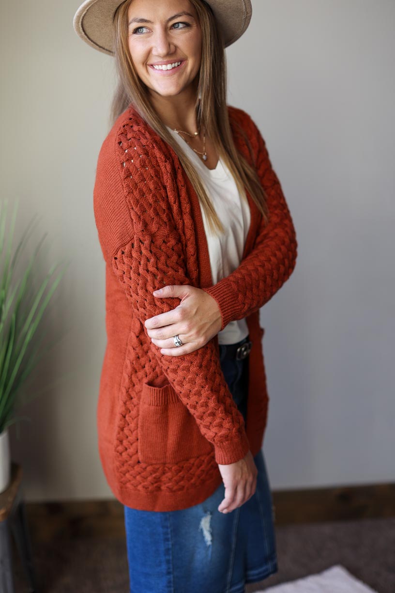 Rust Pocket Open Front Knit Cardigan Women's Modest Clothing at Classy Closet Online Boutique Near Me