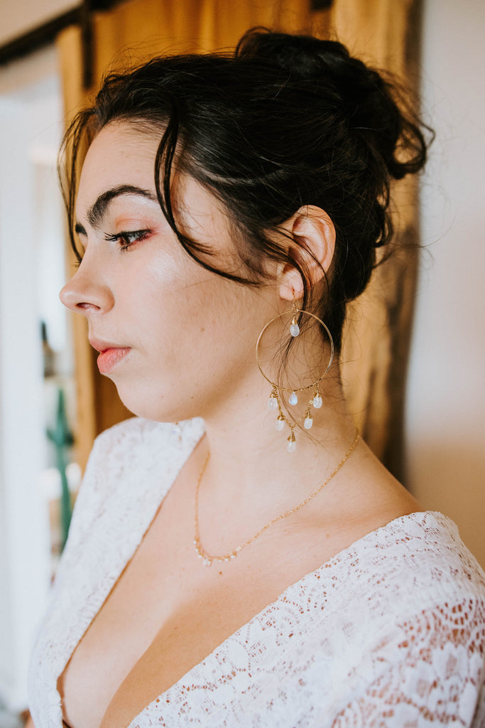 sea tropical destination wedding layering necklace stacks desert earrings necklace bracelet elopement jewelry boho accessories chic simple gold handmade custom usa made tree myriah pearls diamonds moonstone refined adventurous love story souls