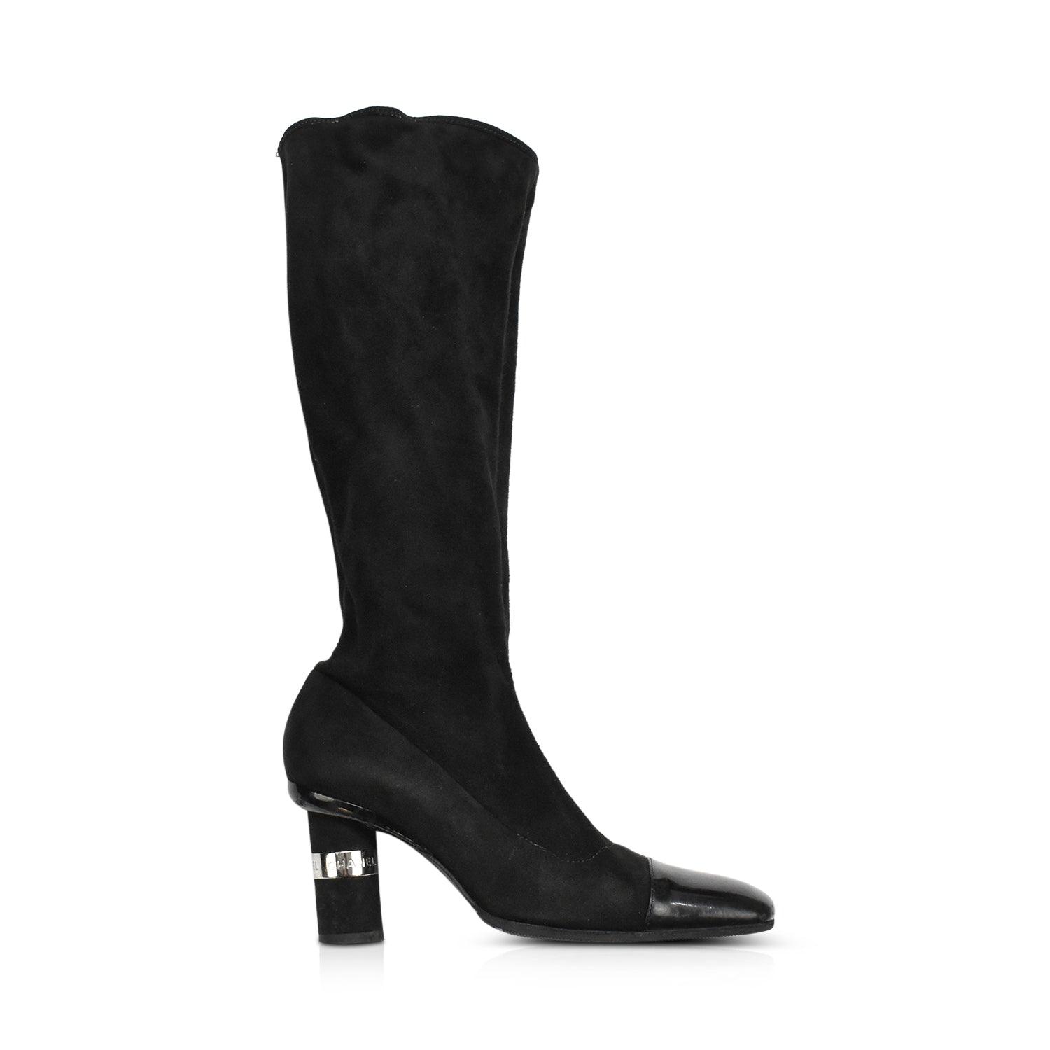 Chanel Black Leather CC Cut Out Knee Length Boots Size 38.5