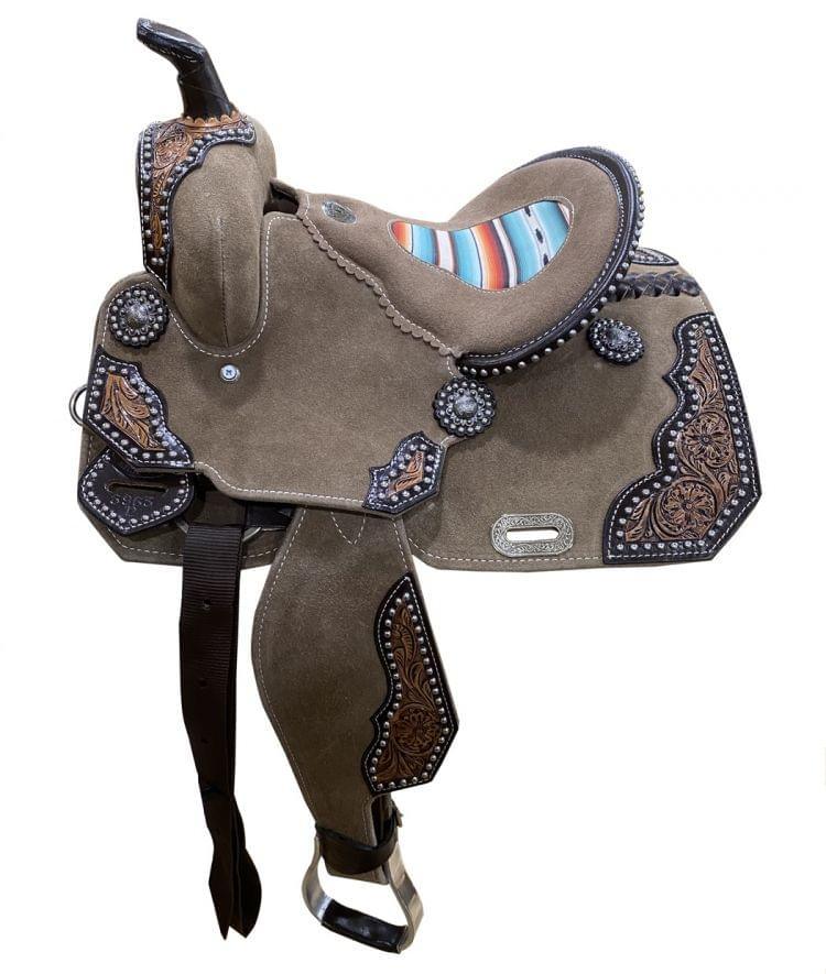 12" DOUBLE T Rough Out Barrel Horse Saddle With Southwest Serape Printed Inlay |saddle seat riding