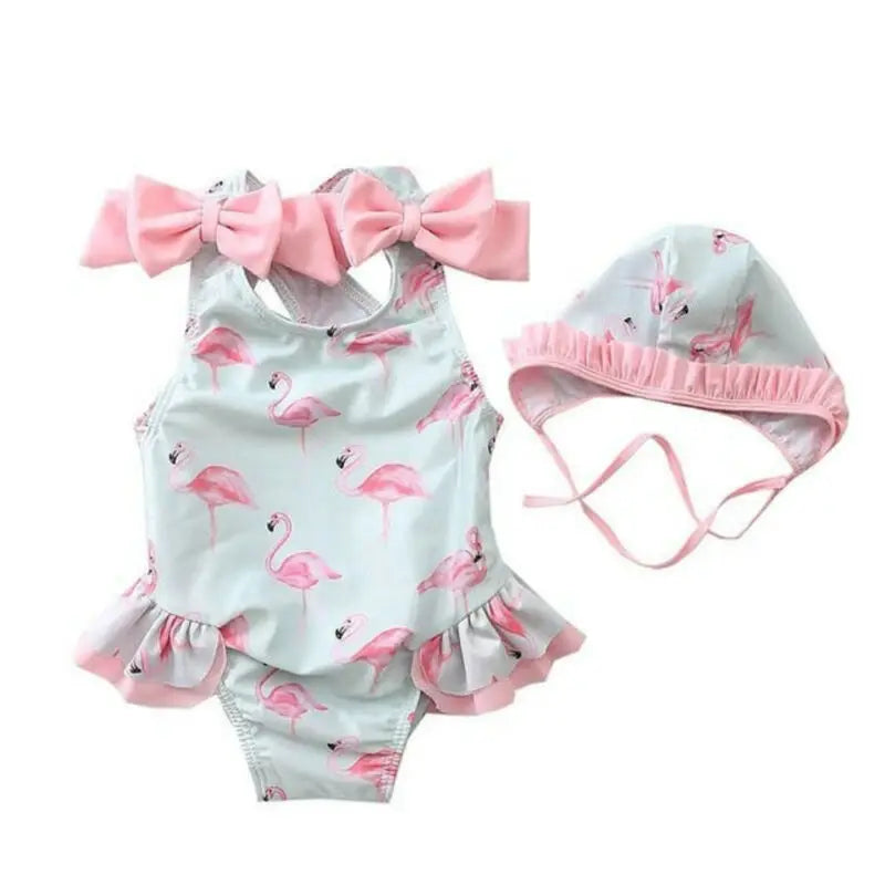 "Frilly Flamingo" - Adorable Baby Girl Swimwear - 1 PC Swimsuit Set with Cap for 2T-6T