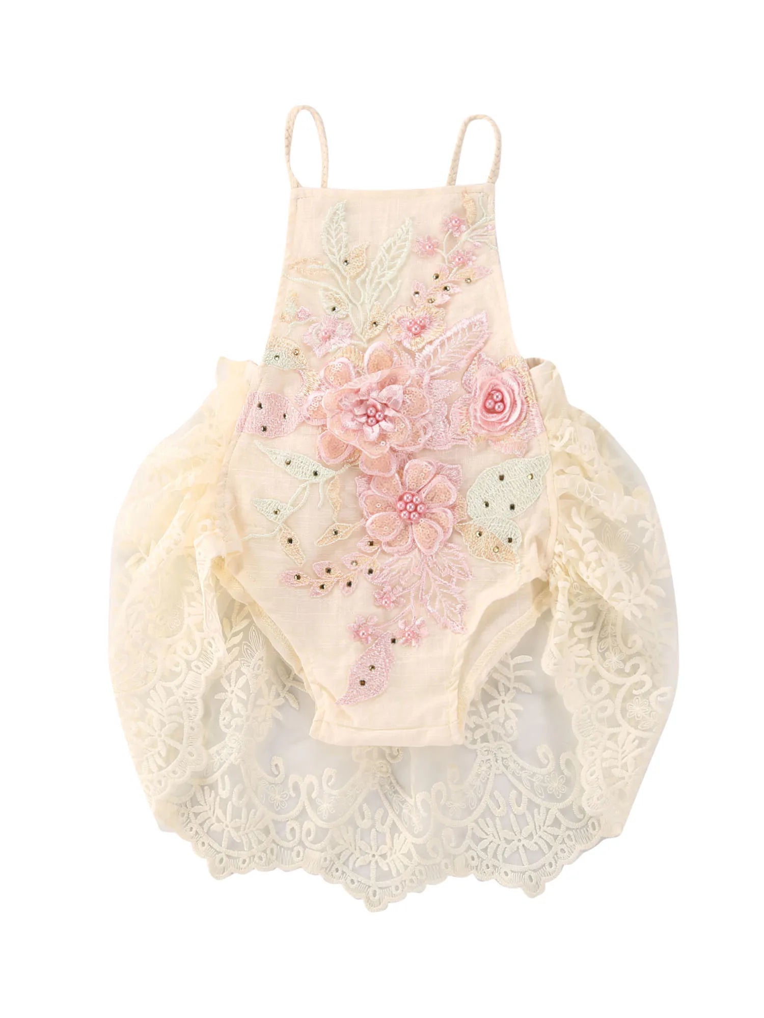 "Elise-Marie" Summer Baby Outfit - Lace Romper Spaghetti Straps