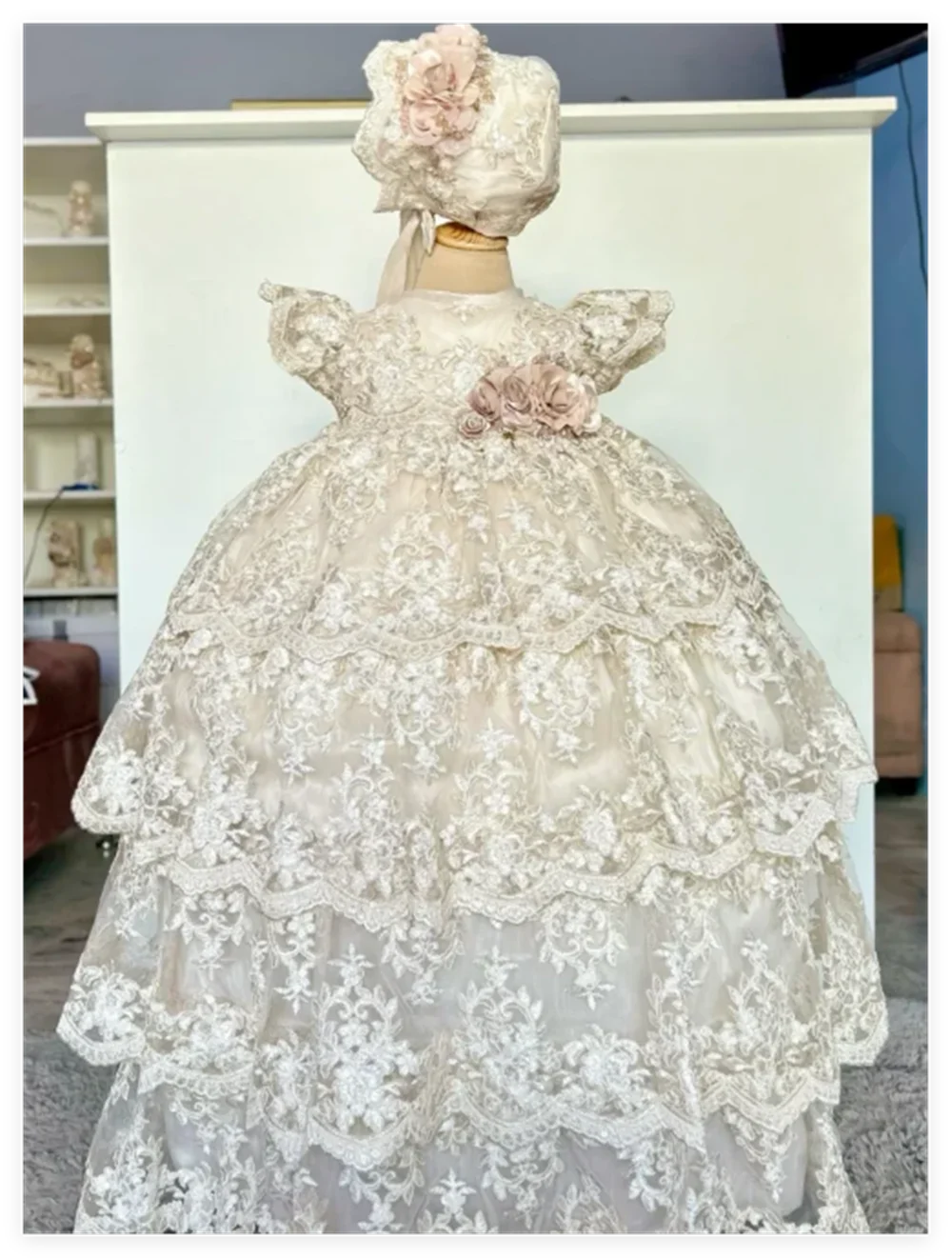 "Chantelle-Marie" Elegant Lace Baptism And Christening Outfit With Bonnet, Flower Details & Ruffled Sleeves