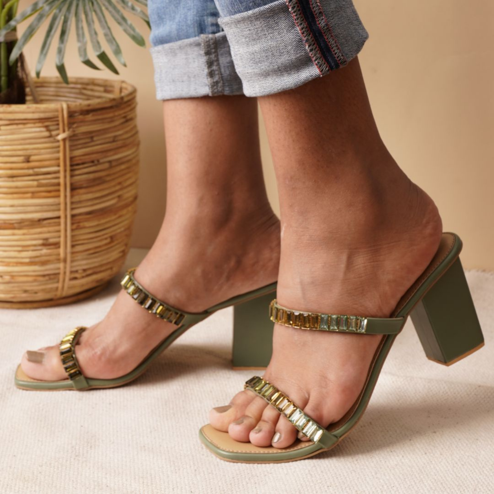 Two-Strap Embellished Olive Heels