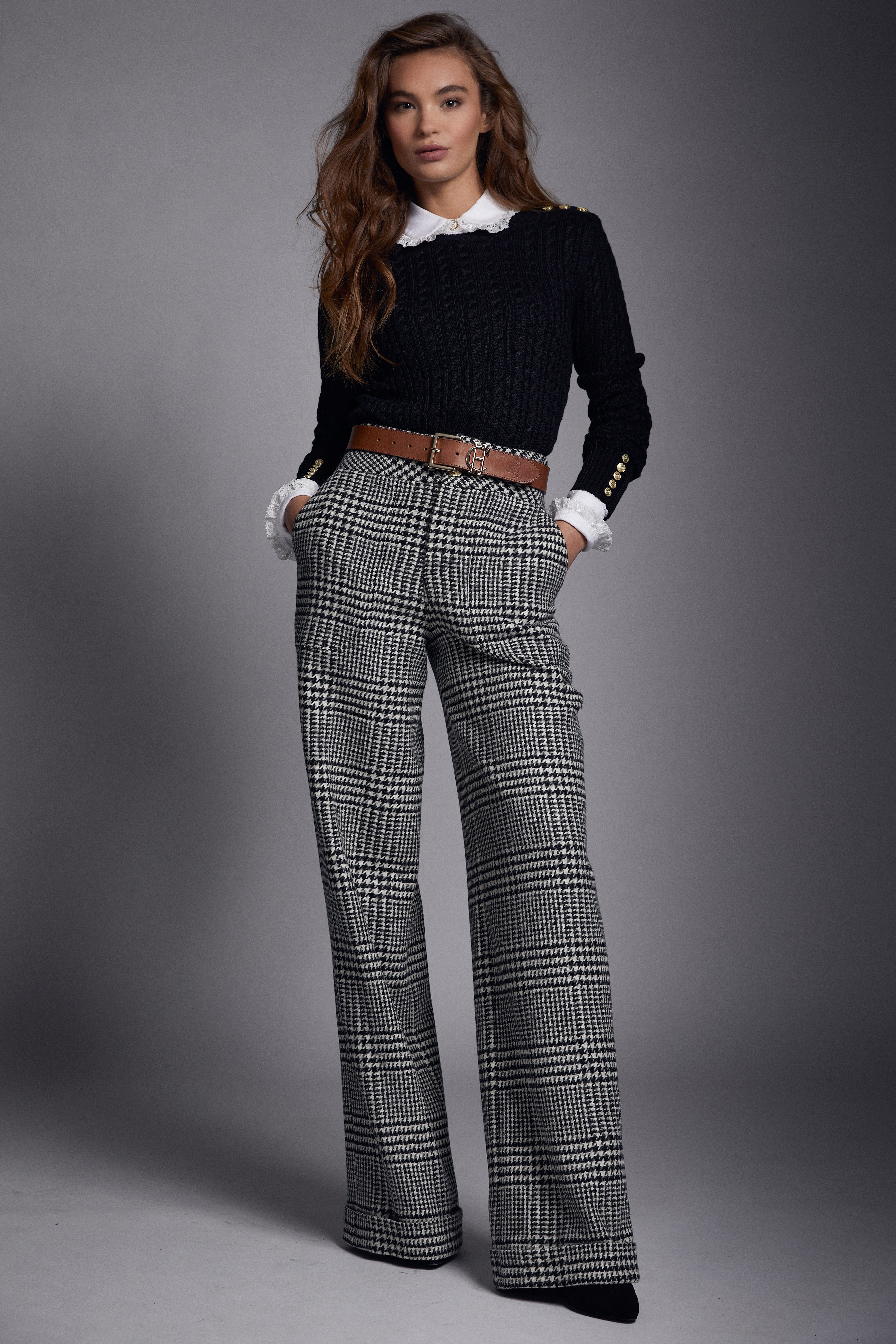 High Waisted Straight Trouser (Large Scale Prince of Wales Mono)