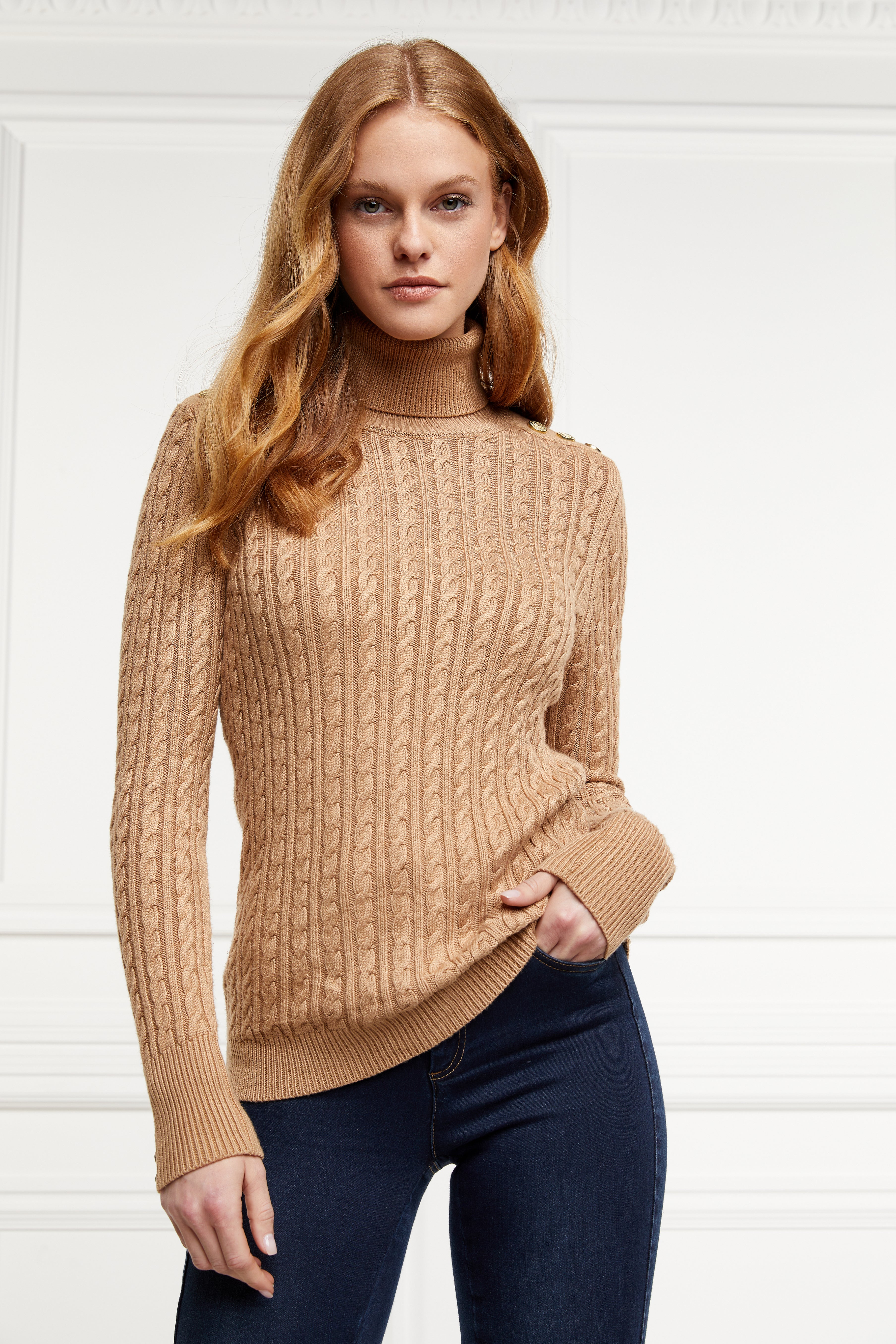 Seattle Roll Neck Cable Knit (Dark Camel Marl)