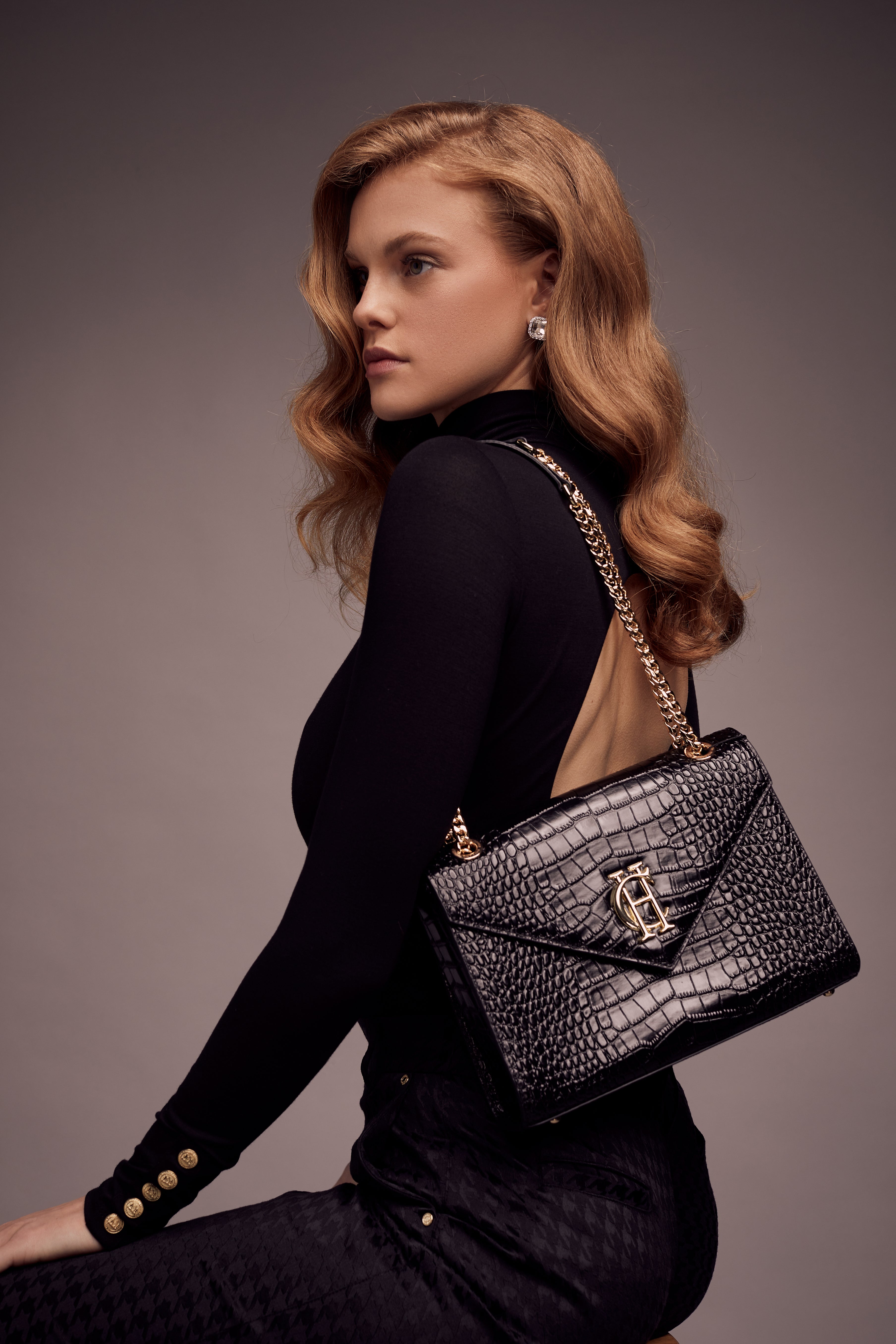 Knightsbridge Shoulder Bag (Black Croc)