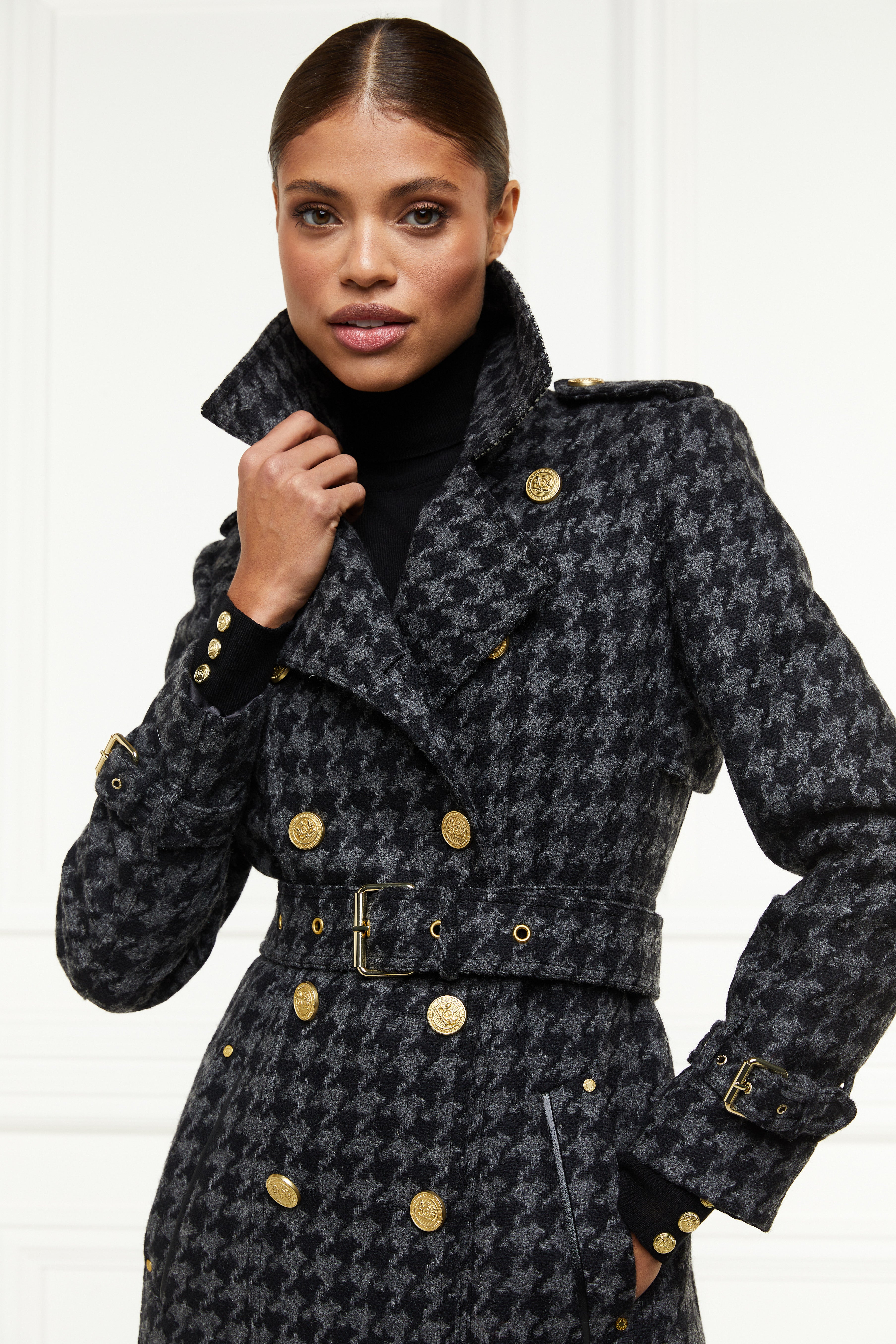 Full Length Chelsea Trench Coat (Large Scale Charcoal Houndstooth)