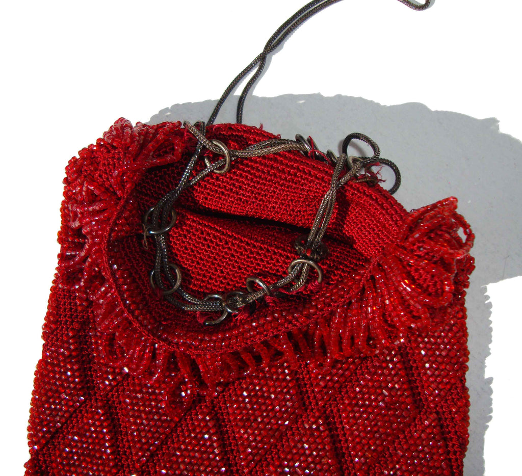 Antique 1920s Red Micro Beaded Purse Flapper Reticule Drawstring Bag ...