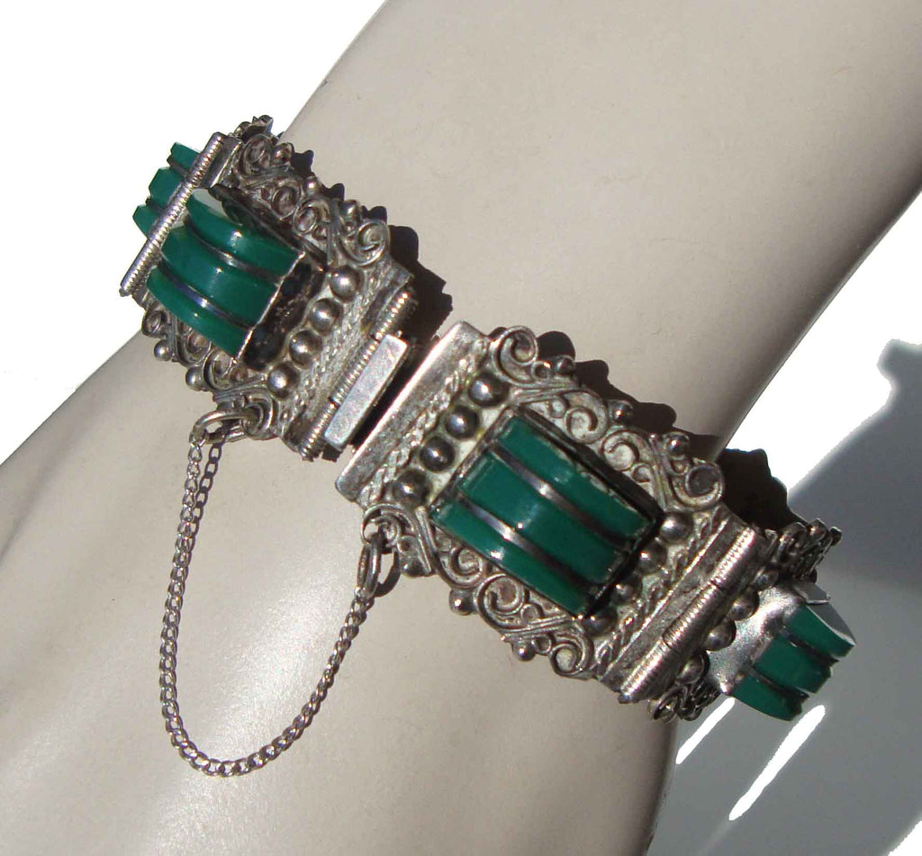 Vintage 50s Mexican Sterling & Green Onyx Bracelet