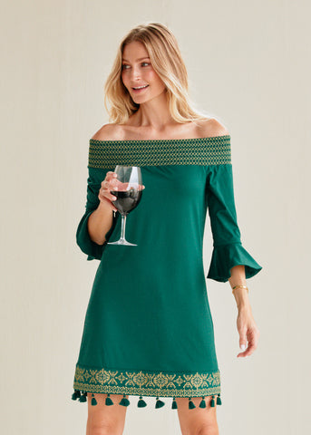 Woman wearing Emerald Metallic Embroidered Off The Shoulder Dress