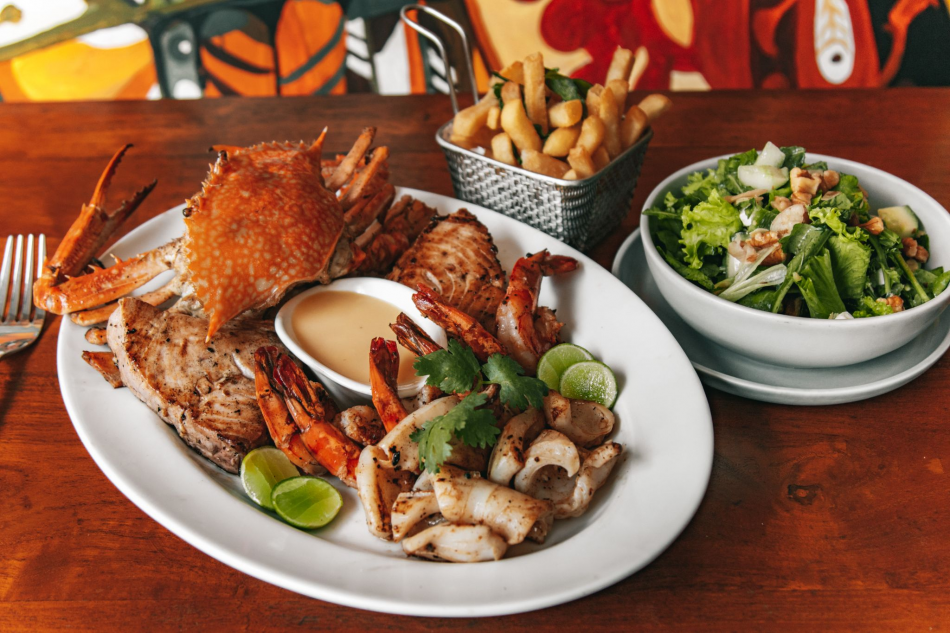 Seafood platter with side salad and fries from Grand Old House