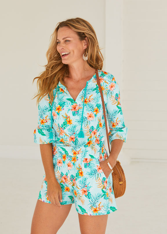 Aqua Citrus Wrap Romper Dress | Sun Protective Romper Dress