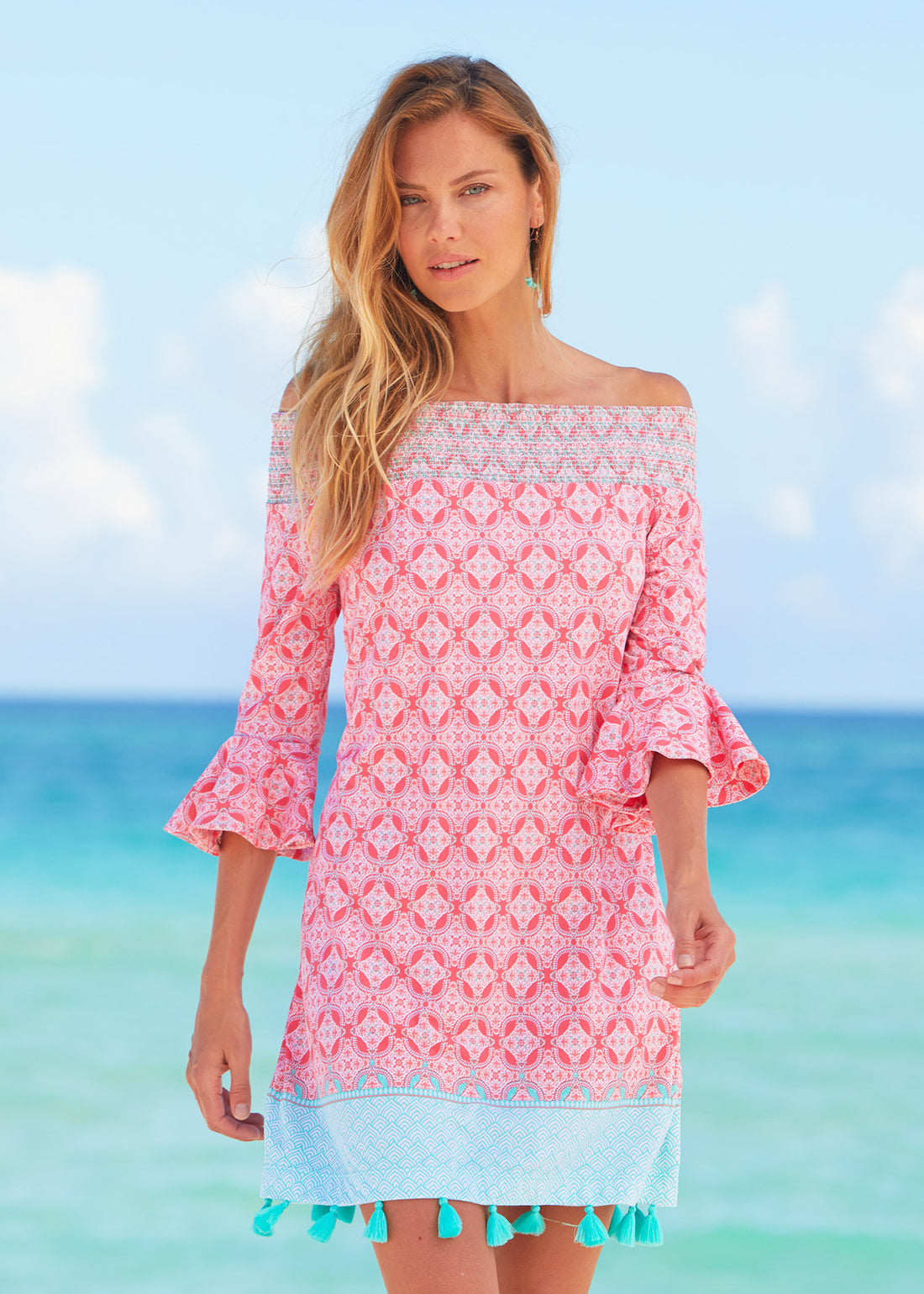 Coral Tides Off the Shoulder Dress