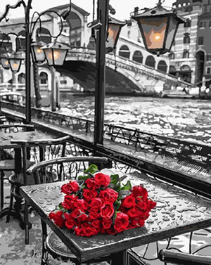 Paint By Numbers Red Roses On Black And White Background In Venice