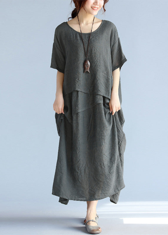baggy gray long linen dresses oversized layered cotton maxi dress vint ...