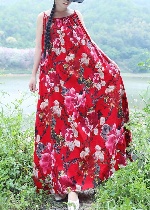 100% red floral linen sleeveless long summer Dresses – SooLinen