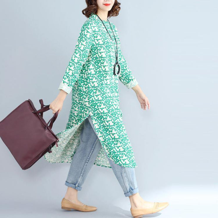 2018green print long cotton linen dresses plus size clothing Stand ...